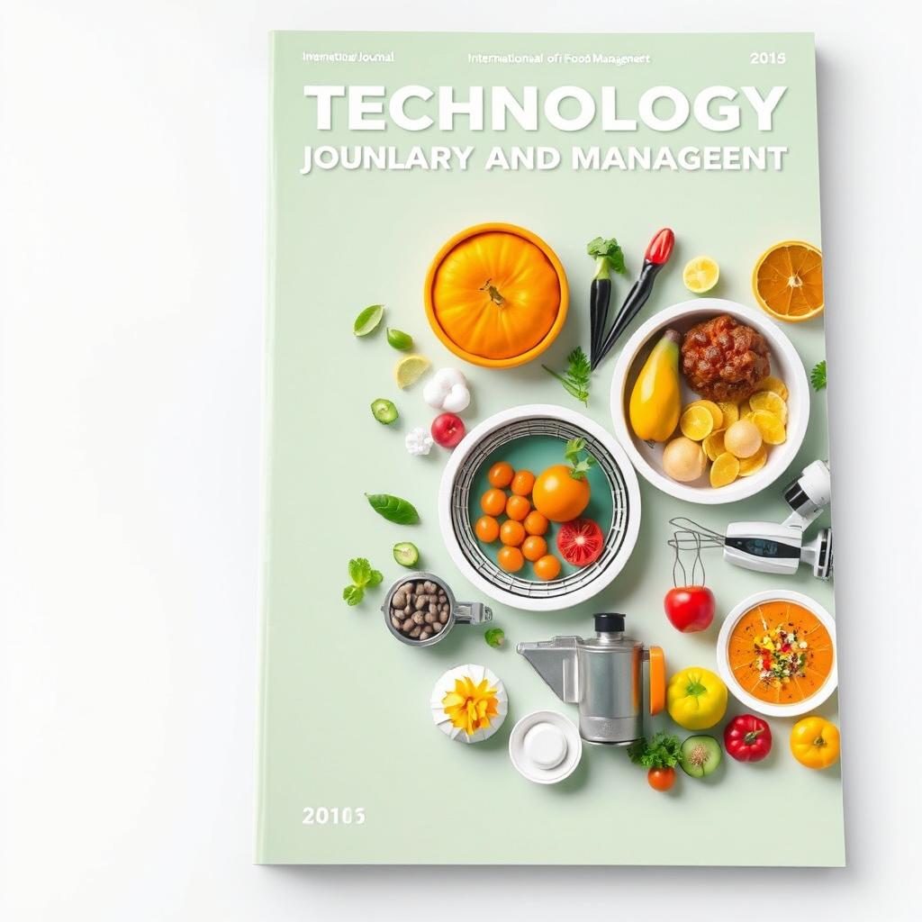 A visually appealing cover for the International Journal of Food Technology and Management, featuring a modern and professional design with elements symbolizing food technology, such as molecular gastronomy visuals, vibrant fruits, vegetables, and high-tech cooking equipment