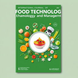 A visually appealing cover for the International Journal of Food Technology and Management, featuring a modern and professional design with elements symbolizing food technology, such as molecular gastronomy visuals, vibrant fruits, vegetables, and high-tech cooking equipment