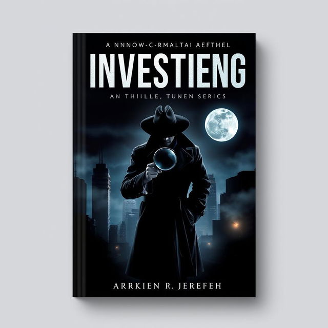 A captivating book cover design for a thrilling investigative novel, featuring a dark, mysterious cityscape at night with silhouettes of tall buildings and a full moon casting light