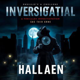A captivating book cover design for a thrilling investigative novel, featuring a dark, mysterious cityscape at night with silhouettes of tall buildings and a full moon casting light