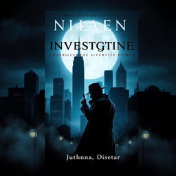 A captivating book cover design for a thrilling investigative novel, featuring a dark, mysterious cityscape at night with silhouettes of tall buildings and a full moon casting light