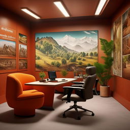 Generate an image of a designated area specifically for a campus chief, incorporating a Nepali theme. The scene should include an optimized desk-chair setup, some wall pictures and a small sofa, while demonstrating perfect interior design principles.