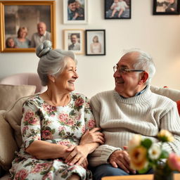 An elderly couple sitting together on a cozy sofa, both smiling at each other with warmth and tenderness in their eyes