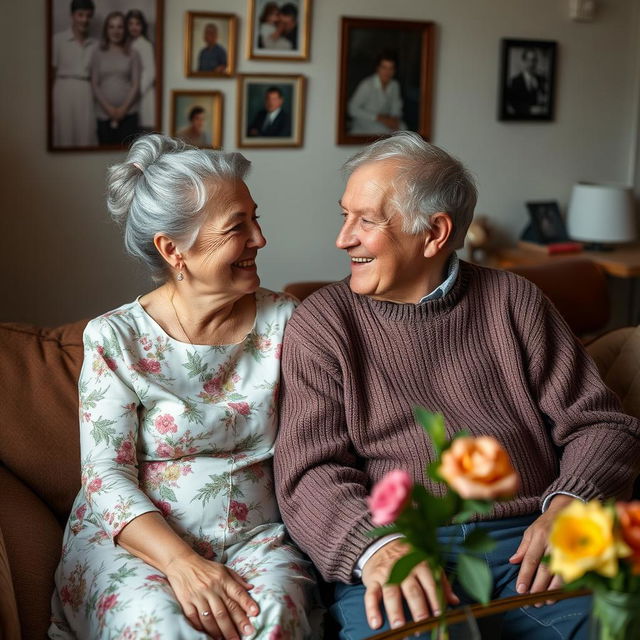 An elderly couple sitting together on a cozy sofa, both smiling at each other with warmth and tenderness in their eyes