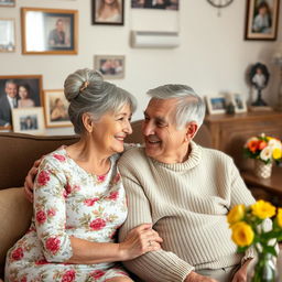 An elderly couple sitting together on a cozy sofa, both smiling at each other with warmth and tenderness in their eyes