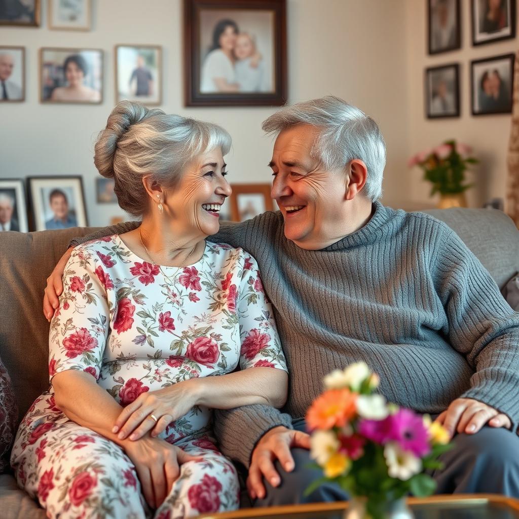 An elderly couple sitting together on a cozy sofa, both smiling at each other with warmth and tenderness in their eyes