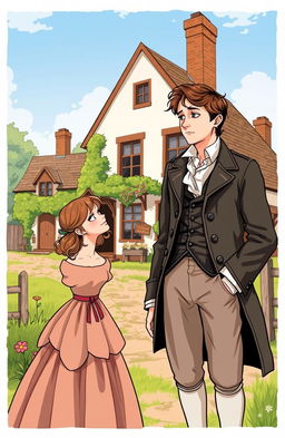 A whimsical scene depicting a young man, Marlow, looking confused yet intrigued as he stands in front of a charming inn, which is actually the home of the family he's trying to visit