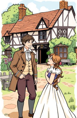 A whimsical scene depicting a young man, Marlow, looking confused yet intrigued as he stands in front of a charming inn, which is actually the home of the family he's trying to visit
