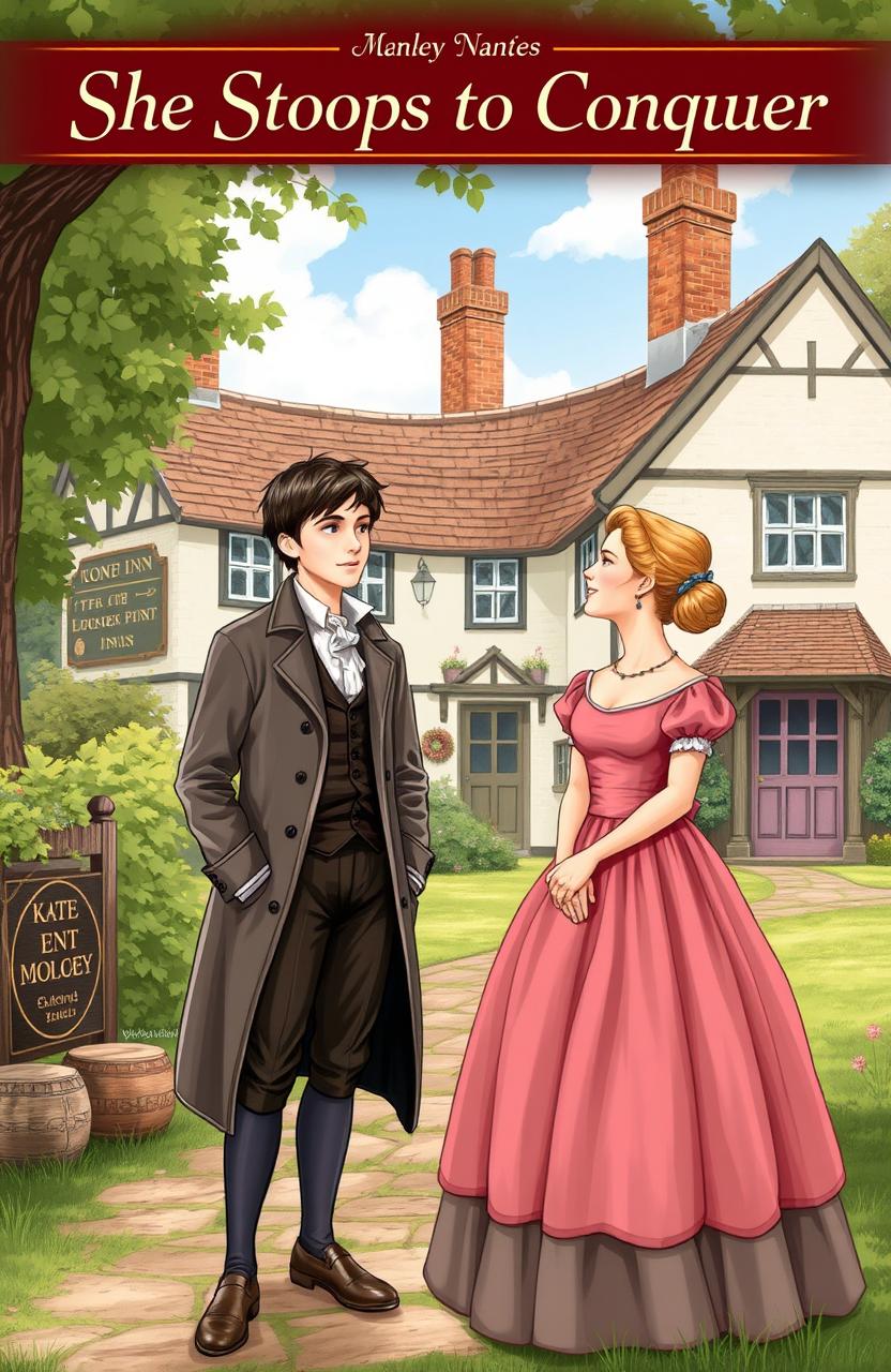 A whimsical scene depicting a young man, Marlow, looking confused yet intrigued as he stands in front of a charming inn, which is actually the home of the family he's trying to visit