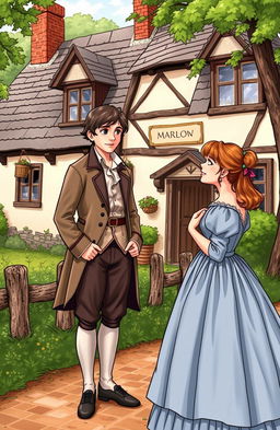 A whimsical scene depicting a young man, Marlow, looking confused yet intrigued as he stands in front of a charming inn, which is actually the home of the family he's trying to visit