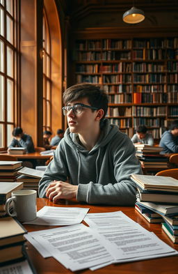 A scene in a university library where a young university student is sitting at a crowded study table surrounded by books and papers, looking distracted and deep in thought