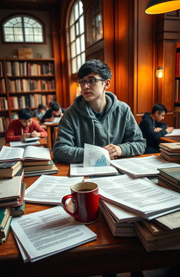 A scene in a university library where a young university student is sitting at a crowded study table surrounded by books and papers, looking distracted and deep in thought