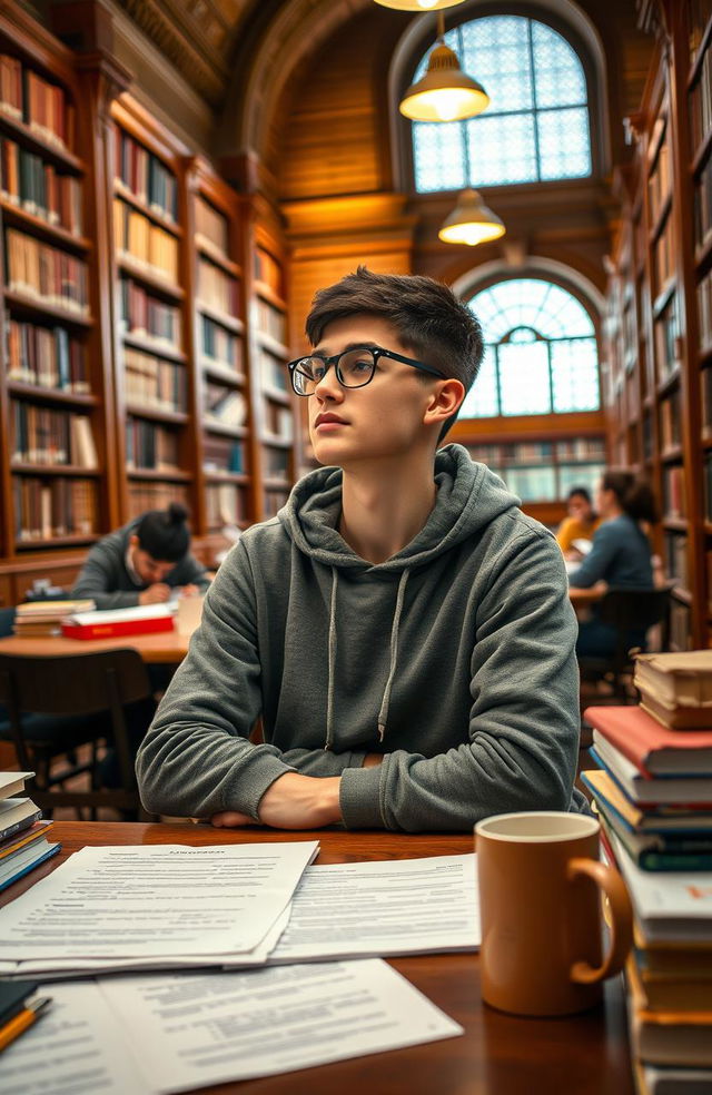 A scene in a university library where a young university student is sitting at a crowded study table surrounded by books and papers, looking distracted and deep in thought