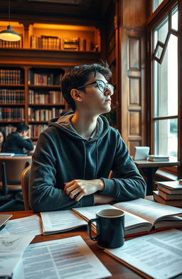 A scene in a university library where a young university student is sitting at a crowded study table surrounded by books and papers, looking distracted and deep in thought