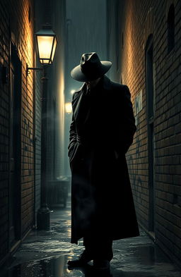 A dramatic and intense scene depicting a mysterious criminal in a dimly lit alley
