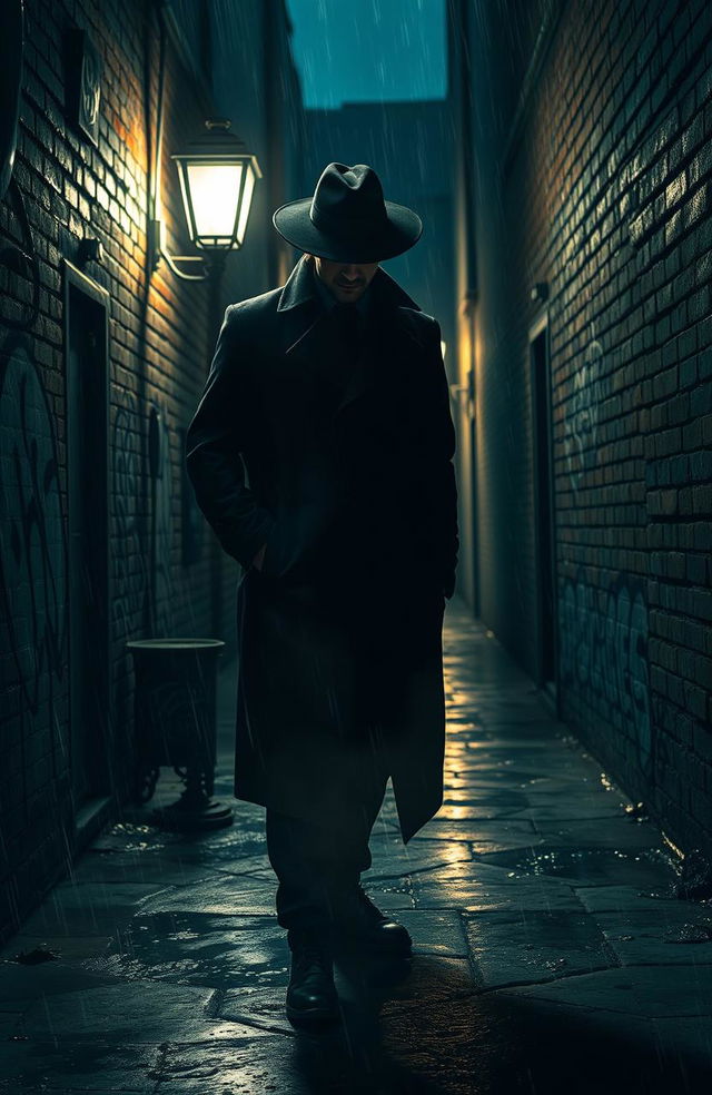 A dramatic and intense scene depicting a mysterious criminal in a dimly lit alley