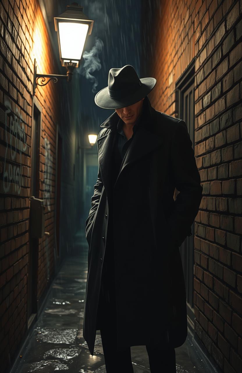 A dramatic and intense scene depicting a mysterious criminal in a dimly lit alley