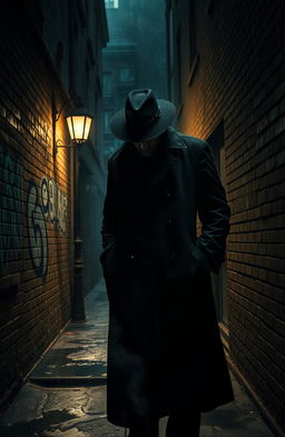 A dramatic and intense scene depicting a mysterious criminal in a dimly lit alley