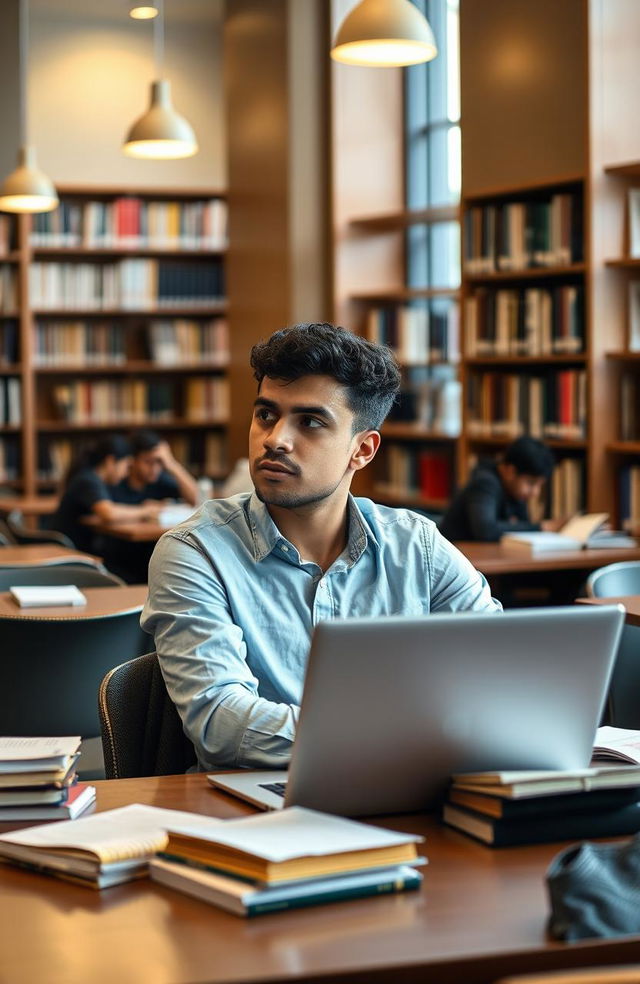 A young Puerto Rican man sitting at a university library table, surrounded by books and notes, looking slightly distracted as he gazes out the window