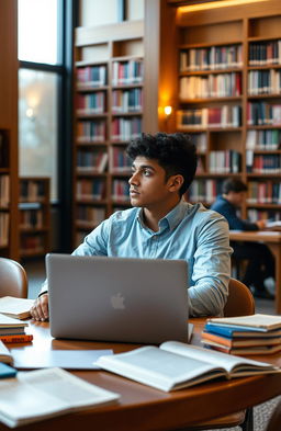 A young Puerto Rican man sitting at a university library table, surrounded by books and notes, looking slightly distracted as he gazes out the window