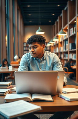 A young Puerto Rican man sitting at a university library table, surrounded by books and notes, looking slightly distracted as he gazes out the window