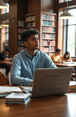 A young Puerto Rican man sitting at a university library table, surrounded by books and notes, looking slightly distracted as he gazes out the window