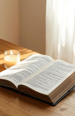 A vintage Bible resting open on a wooden table beside a burning candle, its soft warm light illuminating the pages of the Bible