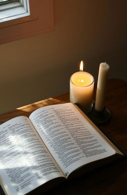A vintage Bible resting open on a wooden table beside a burning candle, its soft warm light illuminating the pages of the Bible