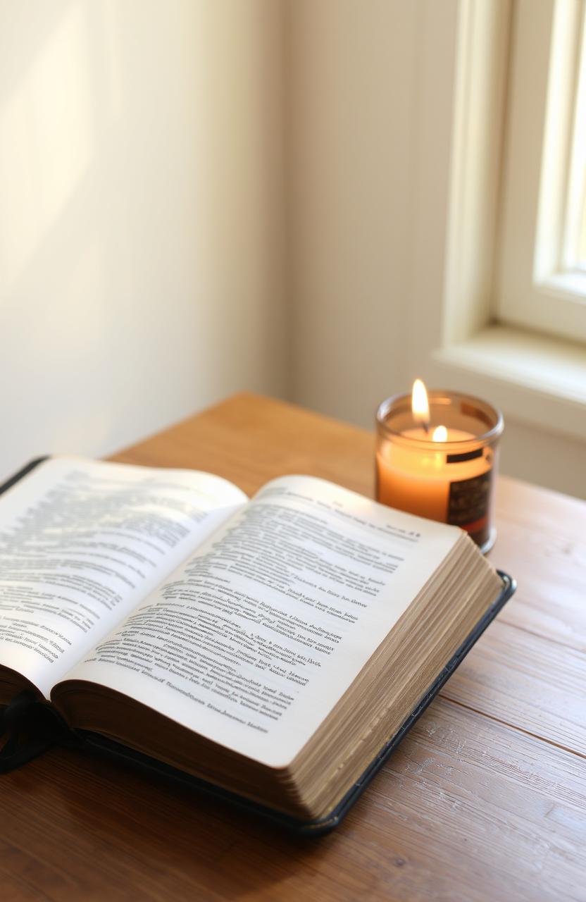 A vintage Bible resting open on a wooden table beside a burning candle, its soft warm light illuminating the pages of the Bible