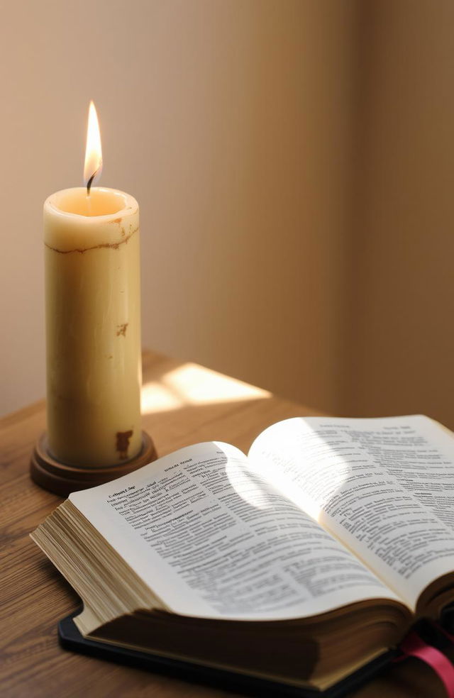 A vintage Bible resting open on a wooden table beside a burning candle, its soft warm light illuminating the pages of the Bible