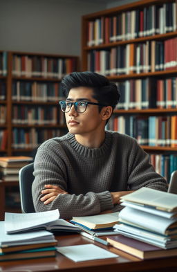 A young mixed race Puerto Rican man in a university library, sitting at a desk surrounded by books and papers, looking distracted as he gazes out the window, deep in thought