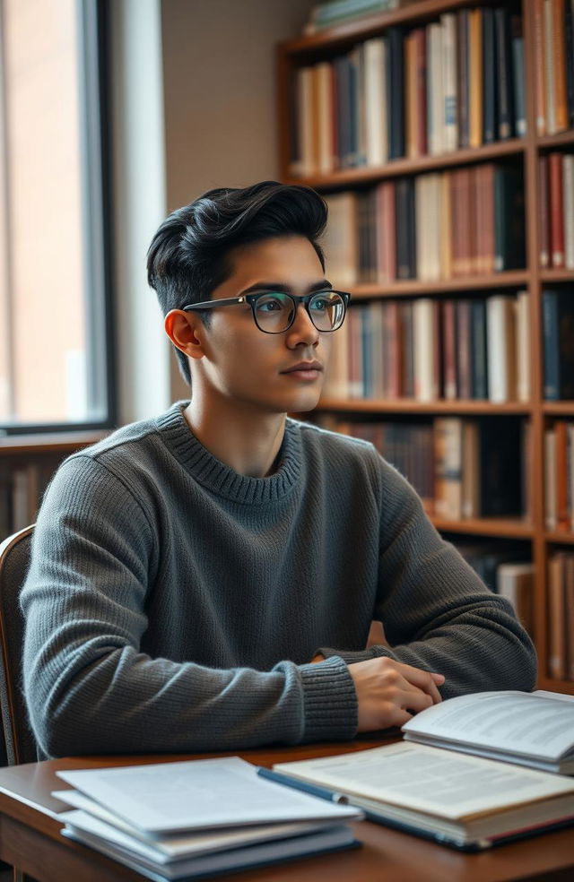 A young mixed race Puerto Rican man in a university library, sitting at a desk surrounded by books and papers, looking distracted as he gazes out the window, deep in thought