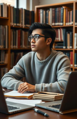 A young mixed race Puerto Rican man in a university library, sitting at a desk surrounded by books and papers, looking distracted as he gazes out the window, deep in thought