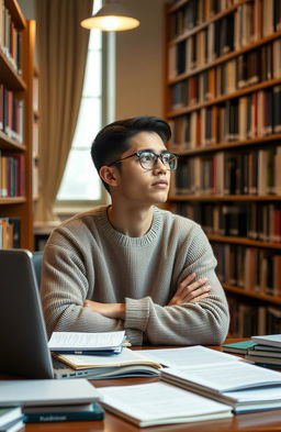A young mixed race Puerto Rican man in a university library, sitting at a desk surrounded by books and papers, looking distracted as he gazes out the window, deep in thought