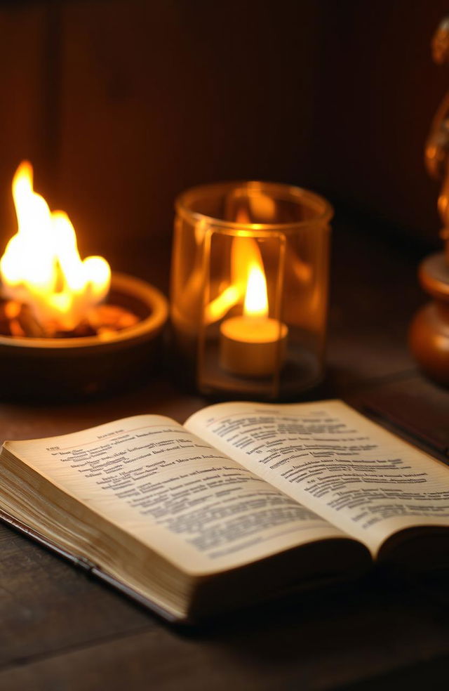 A vintage Bible with slightly worn leather cover, open to reveal yellowed pages with beautifully ornate script, sitting on a table