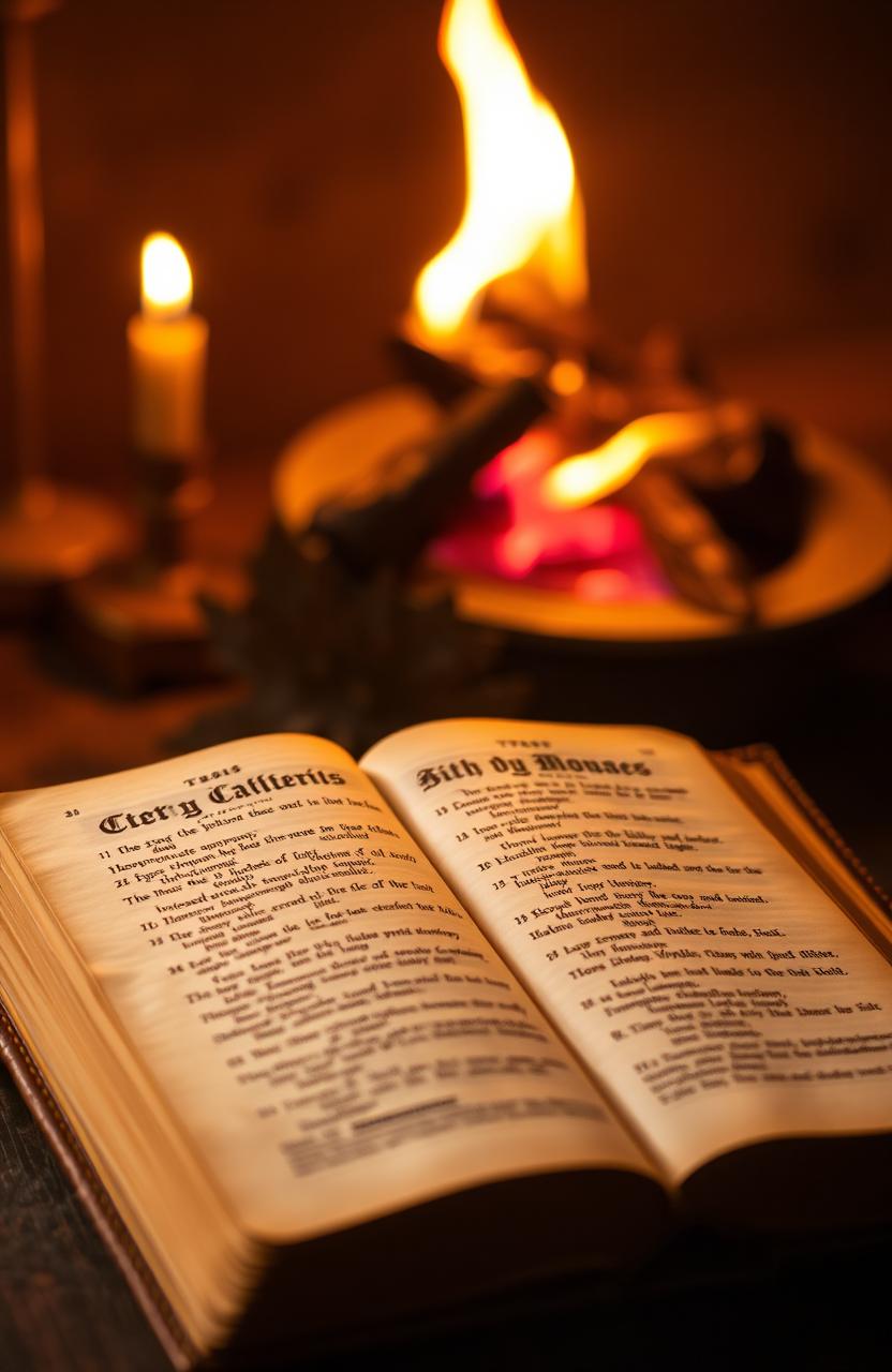 A vintage Bible with slightly worn leather cover, open to reveal yellowed pages with beautifully ornate script, sitting on a table