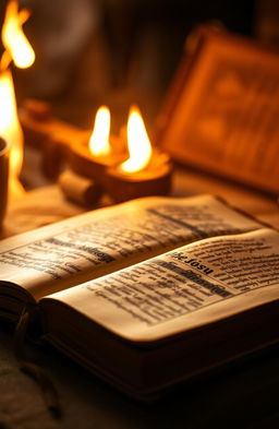 A vintage Bible with slightly worn leather cover, open to reveal yellowed pages with beautifully ornate script, sitting on a table