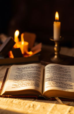 A vintage Bible with slightly worn leather cover, open to reveal yellowed pages with beautifully ornate script, sitting on a table