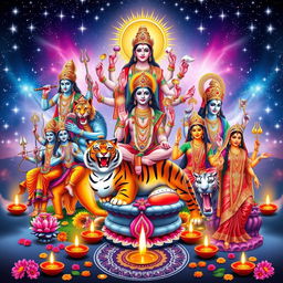 A grand and vivid representation of all major Hindu gods and goddesses in one frame, each depicted in vibrant colors and traditional attire