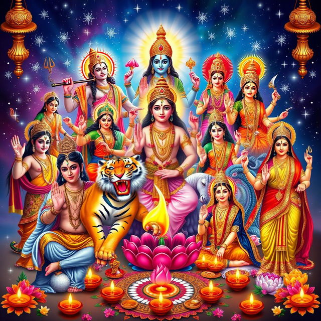 A grand and vivid representation of all major Hindu gods and goddesses in one frame, each depicted in vibrant colors and traditional attire