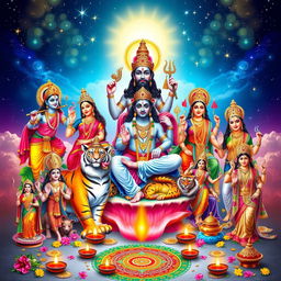 A grand and vivid representation of all major Hindu gods and goddesses in one frame, each depicted in vibrant colors and traditional attire