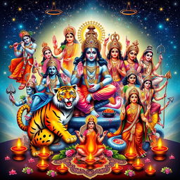 A grand and vivid representation of all major Hindu gods and goddesses in one frame, each depicted in vibrant colors and traditional attire