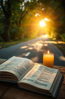 A beautifully illuminated scene featuring an open Bible resting on a wooden table with pages gently turning in the breeze