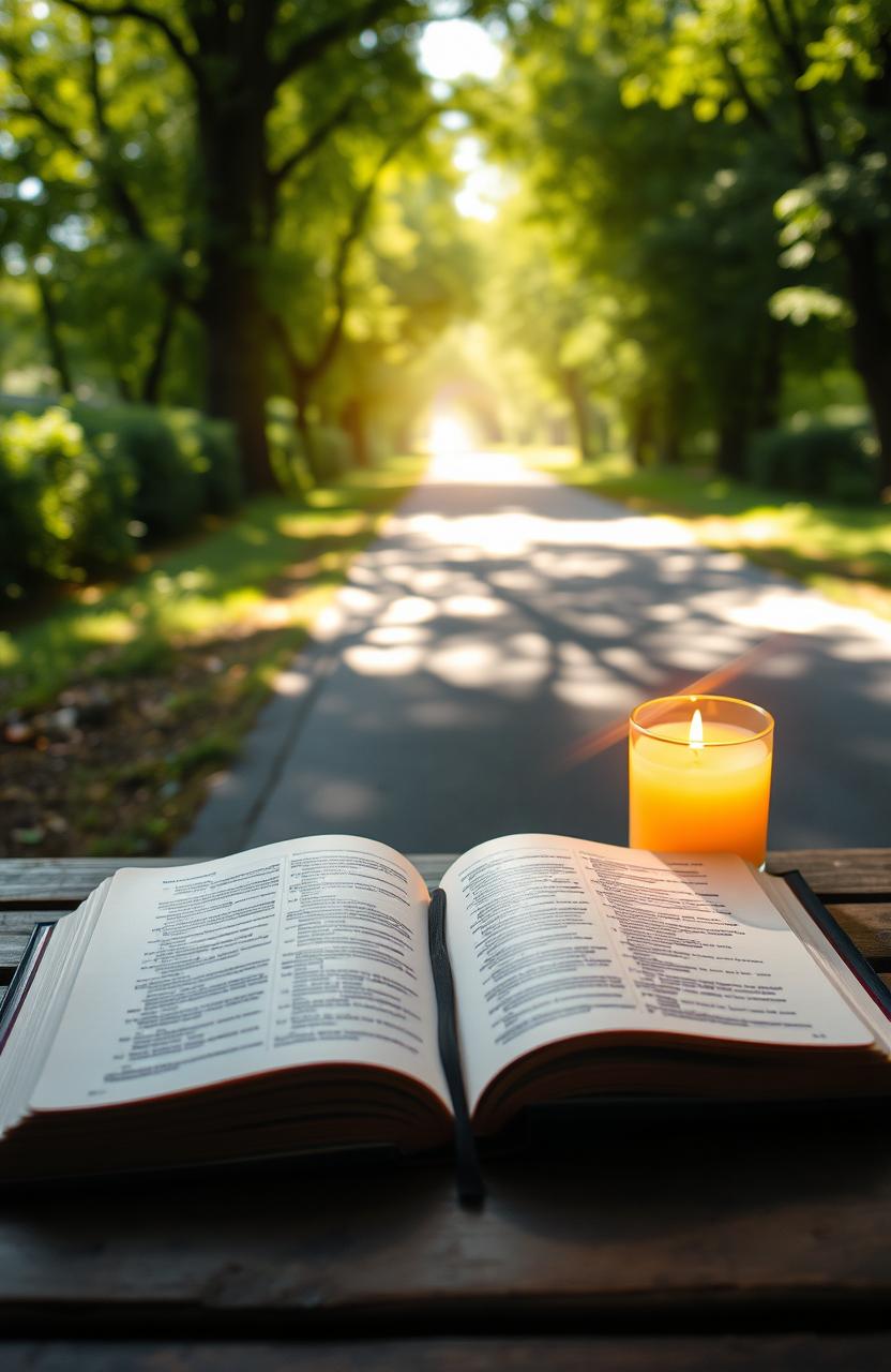 A beautifully illuminated scene featuring an open Bible resting on a wooden table with pages gently turning in the breeze