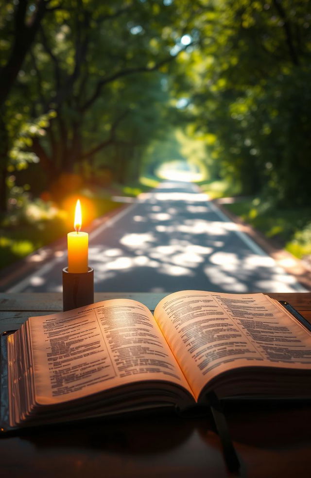 A beautifully illuminated scene featuring an open Bible resting on a wooden table with pages gently turning in the breeze