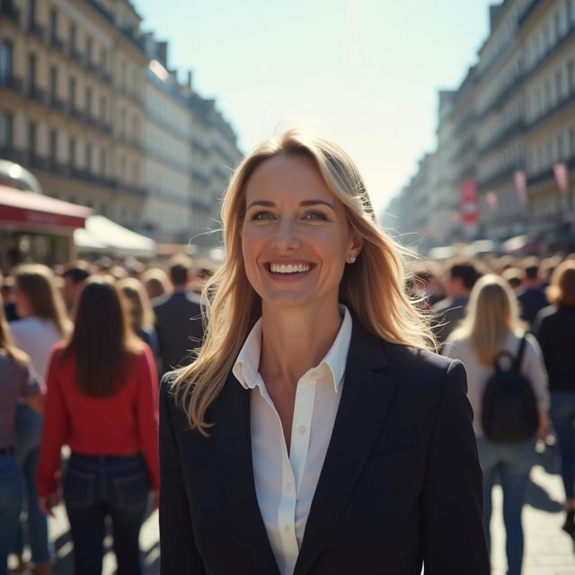 A confident business woman in her 40s, smiling brightly, stands in the midst of an endless crowd on a bustling city street