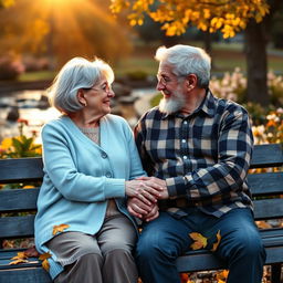 A beautiful and heartwarming scene of an elderly couple sitting together on a park bench, sharing a tender moment