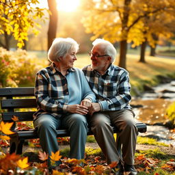A beautiful and heartwarming scene of an elderly couple sitting together on a park bench, sharing a tender moment