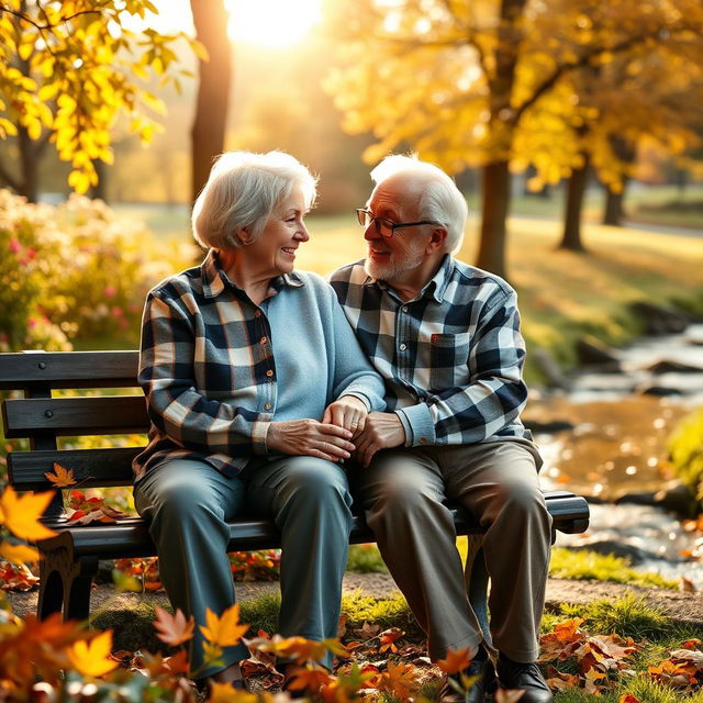 A beautiful and heartwarming scene of an elderly couple sitting together on a park bench, sharing a tender moment