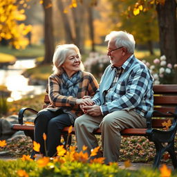 A beautiful and heartwarming scene of an elderly couple sitting together on a park bench, sharing a tender moment